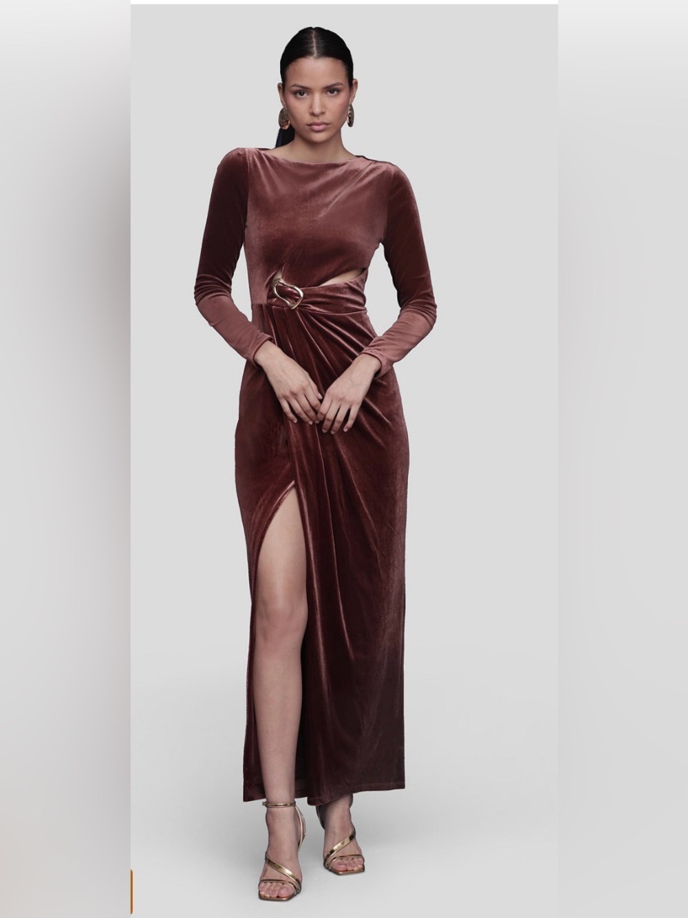 Velvet Long-Sleeve Twist-Waist Maxi Dress